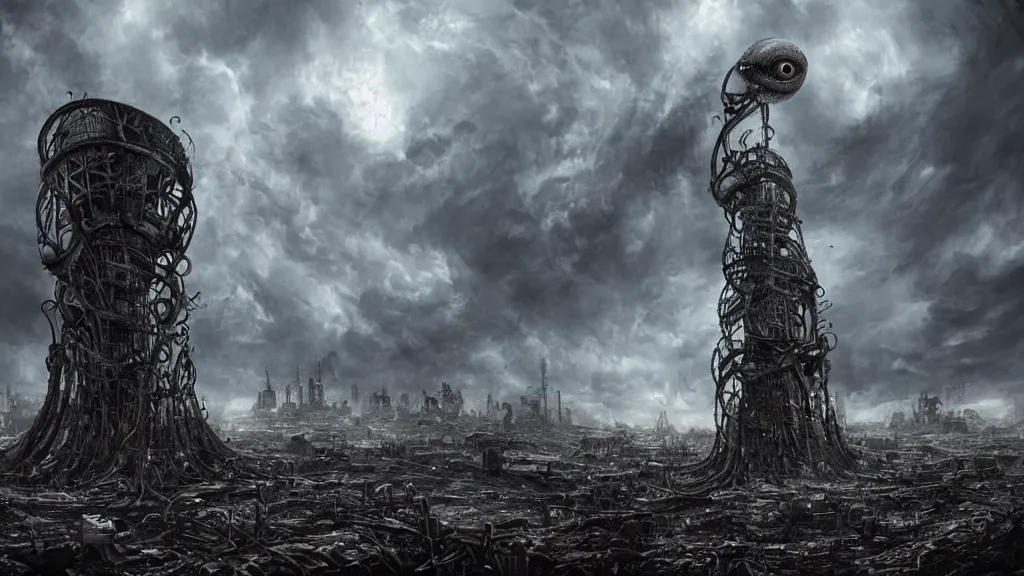 Image similar to A tower with an Eyeball at the top, BioMechanical like Giger, with tentacles coming out, looking over a stormy post-apocalyptic wasteland, dystopian art, wide lens