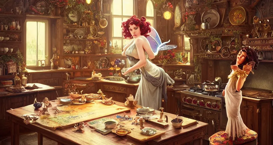 Prompt: a mid - shot of a fairy in a vintage magical kitchen, with one vintage book on a table, with a fireplace in the background d & d, fantasy, intricate, elegant, highly detailed, digital painting, artstation, concept art, smooth, sharp focus, illustration, art by artgerm and greg rutkowski and alphonse mucha