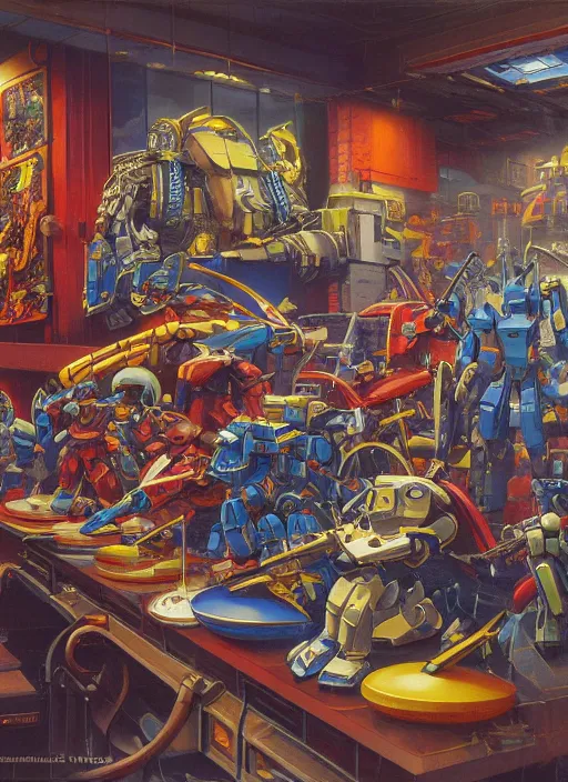 Prompt: gunpla shop. vintage shapes, retro technology, happy colors dariusz zawadzki, tim hildebrandt, wayne barlow, bruce pennington, larry elmore, oil on canvas, deep depth field, masterpiece, cinematic composition, hyperdetailed