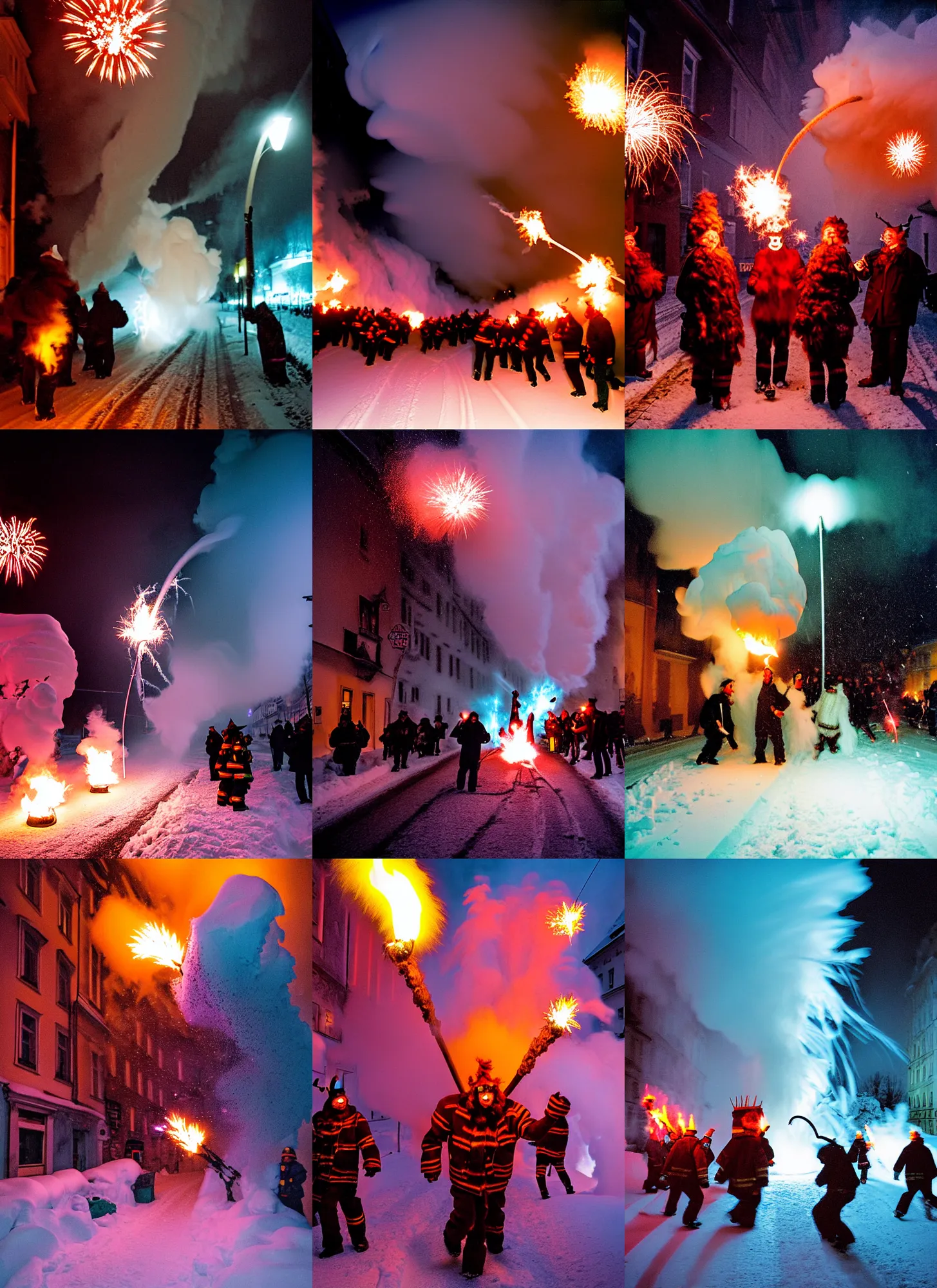 Prompt: kodak portra 4 0 0, winter, snow tornado, hellfire, award winning dynamic photograph of a bunch of hazardous krampus between exploding fire barrels by robert capas, motion blur, in a narrow lane in salzburg at night with colourful pyro fireworks and torches, teal lights