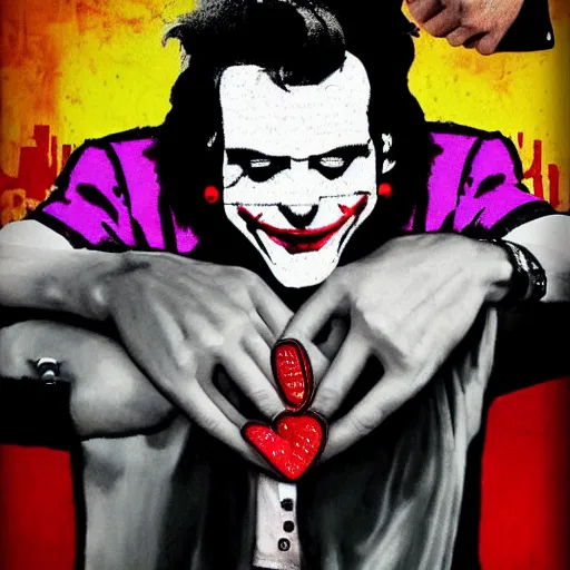 Image similar to mimmo rottela and banksy as joaquin phoenix skinny joker holding hand lady gaga harley queen, ultra photorealistic, intricate details, pop art style, concept art, random object movement, 3 colors, 4 k, smooth, sharp focus