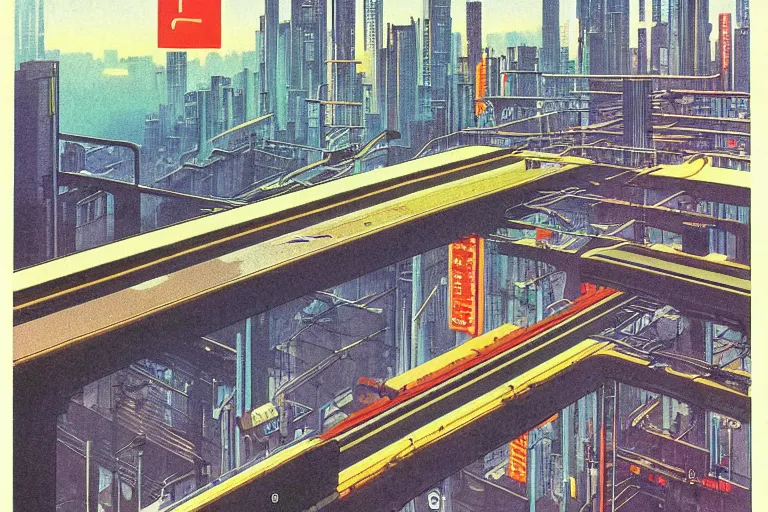 Prompt: 1979 OMNI Magazine Cover of a ladder that leads up to a overpass that goes into a subway tunnel. In the background are street level views of neo-Tokyo in cyberpunk style by Vincent Di Fate