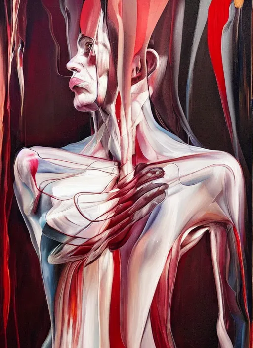 Prompt: an oil painting of an emotionally charged person by simon birch, lines and movement and motion, slow shutter, enigmatic and ectoplasmic figure, aesthetically pleasing and harmonious colors