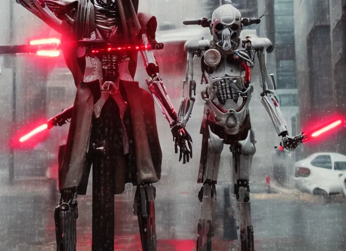 Prompt: 3 5 mm portrait photo of ( general grievous )!! with heavy duty biomechanical cybernetic body with many red lightsabers in the city in the rain. cyberpunk horror style.