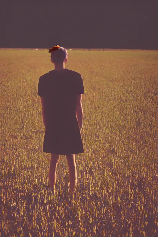 Prompt: agfa vista 4 0 0 photograph of a skinny guy getting abducted by aliens in a field, lens flare, flower crown, back view, moody lighting, moody vibe, telephoto, 9 0 s vibe, grain, vintage, tranquil, calm, faded