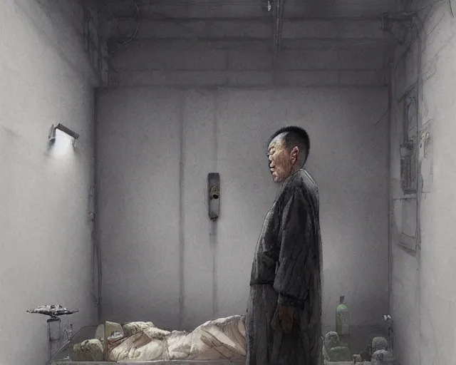 Prompt: a 50 year old brunnete chinese man standing in a morgue funereal next to the grim reaper, horror scene, dramatic, anime art, Greg Rutkowski, studio ghibli, dramatic lighting