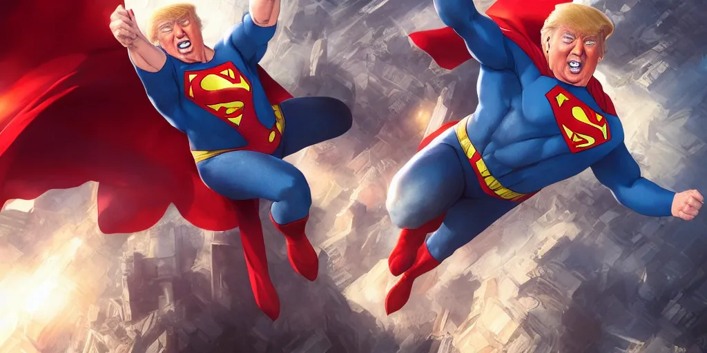 Image similar to donald trump as superman, studio portrait, detailed face close - up, art by makoto shinkai, studio ghibli, greg rutkowski, wlop, artgerm, highly detailed, 4 k, digital art, high quality