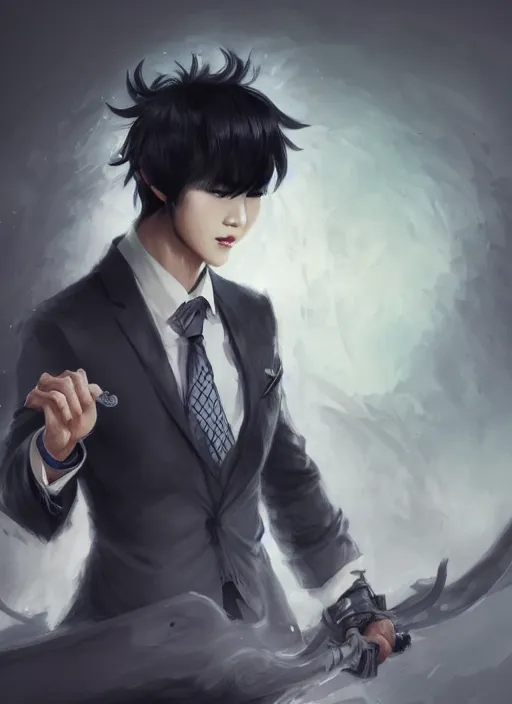 Image similar to a highly detailed illustration of attractive korean man with black hair wearing shirt and tie with giant black mist claws, wielding giat black mist claws pose, tired expression, black mist background, intricate, elegant, highly detailed, centered, digital painting, artstation, concept art, smooth, sharp focus, league of legends concept art, wlop.