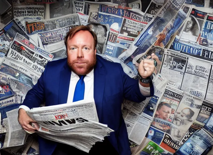 Prompt: dslr photo still of infowars host alex jones in a blue suit fat beard and mustache sitting depressed in a room filled to the ceiling with newspapers, 5 2 mm f 5. 6