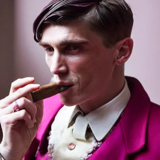 Prompt: thomas shelby from the peaky blinders smoking a pink colored cigar, highly detailed, professional photograph