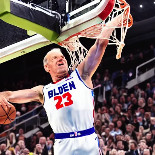 Prompt: photograph of joe biden dunking, highlights of the 2 0 1 9 nba slam dunking contest