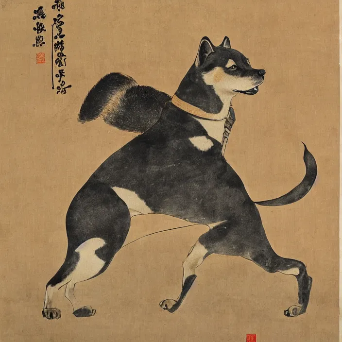 Image similar to a shiba-inu-samurai general waking up from a nap on the battlefield, artwork on loan from the historical dog society of japan