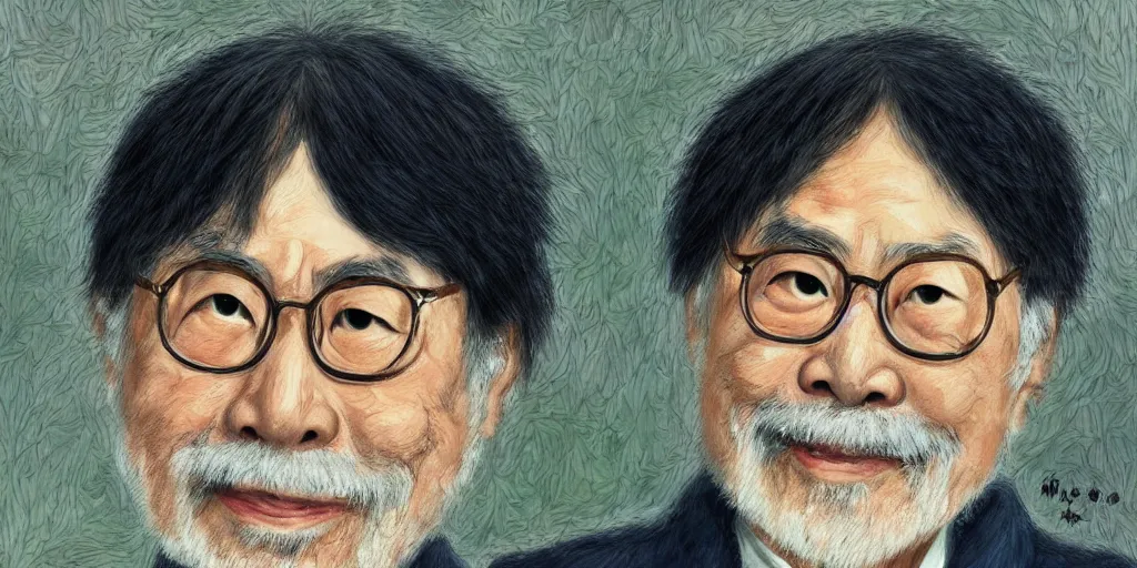 Image similar to impressionistic portrait of hayao miyazaki, extremely intricate, hyper detailed, hd, masterpiece