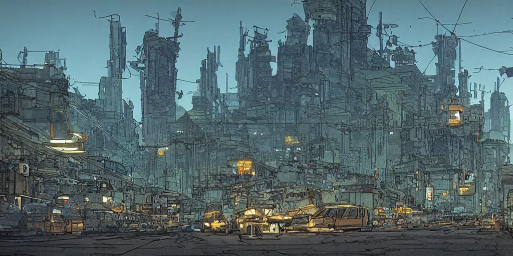 Image similar to ”a diesel punk city vista, Twilight, city lights, reflections, glares, perspective sky, HD, 8k, in the style of Katsuhiro Otomo, Ian mcque”