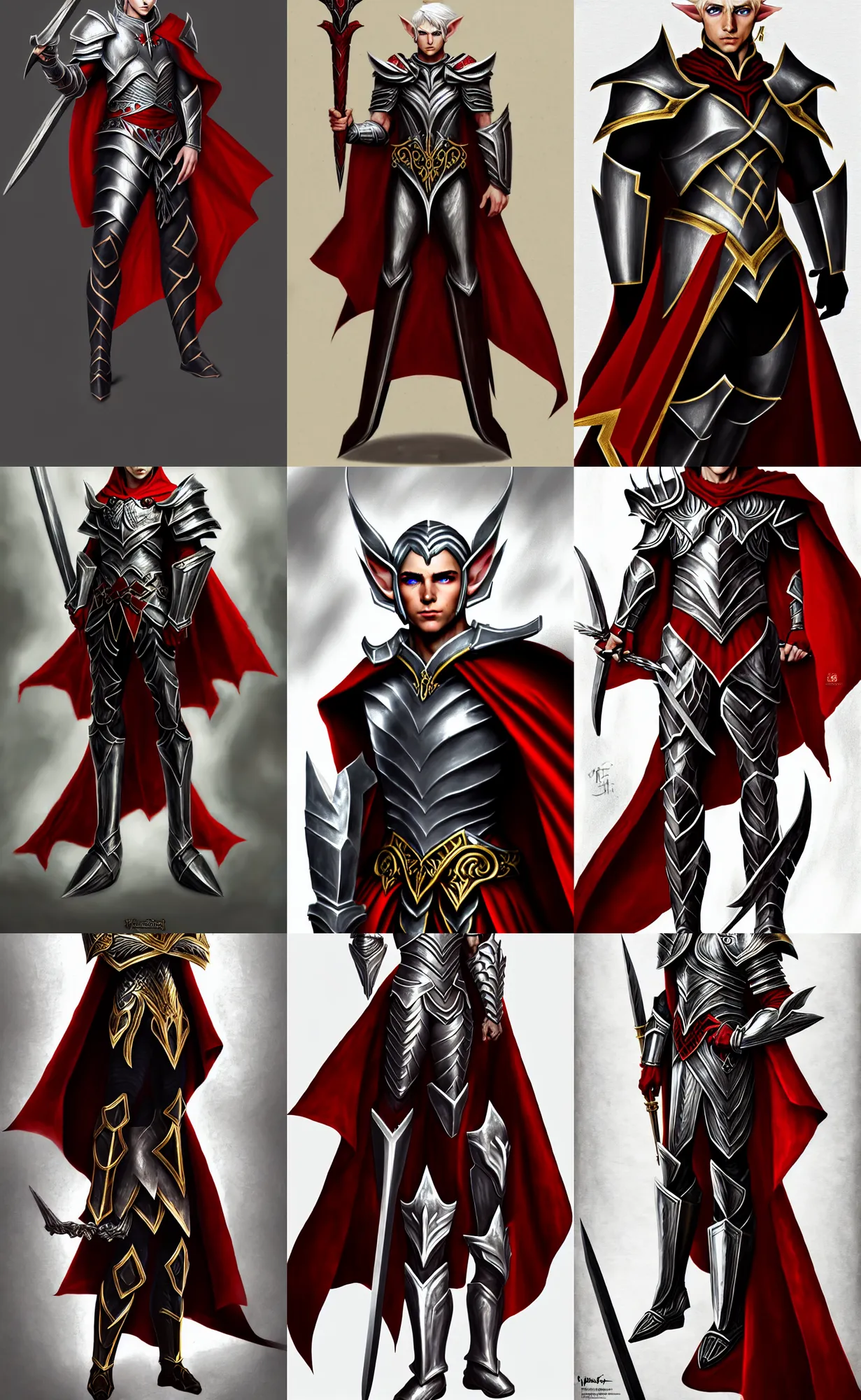 Prompt: A male elf, 20 years old, short silver hair, red eyes, black heavy armor with gold trim, red cape, lean but muscular, attractive, command presence, royalty, weathered face, smooth, sharp focus, illustration, concept art, highly detailed, muscle definition, fantasy, ArtStation, ArtStation HQ