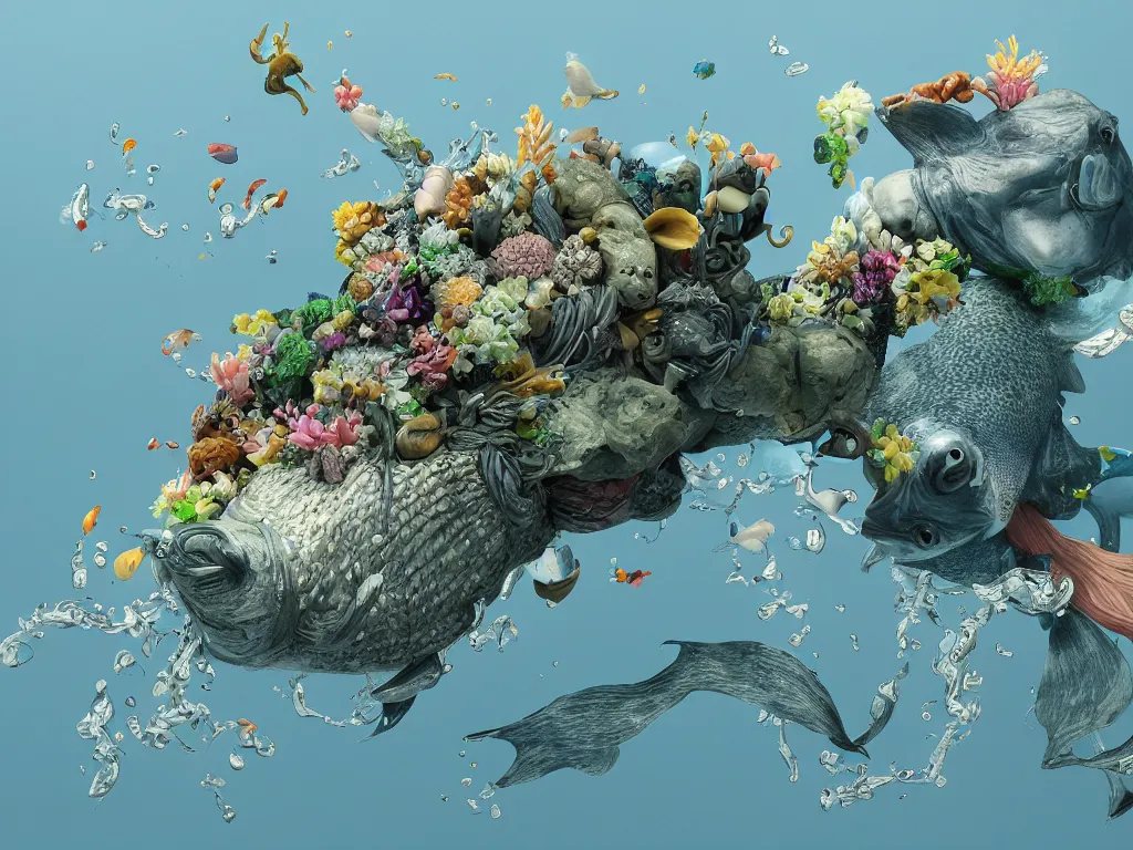 Image similar to a sculpture of fish ocean intertwined, a lovely cornucopia of flowers and cows, body parts, highly detailed, octane render, cinematic, shock, sharp focus, ball, an independent psycho, clean