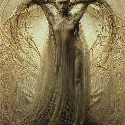 Image similar to high fashion editorial by zdzisław beksinski, iris van herpen, raymond swanland and alphonse mucha. highly detailed, hyper - real, beautiful