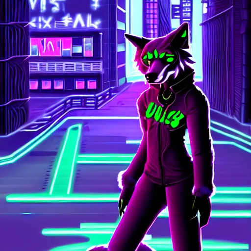 Image similar to beautiful furry digital art portrait commission of an androgynous furry anthro wolf fursona wearing punk clothes in the streets of a cyberpunk city. neon signs, detailed background, futuristic adverts, holographics. character design by zaush, rick griffin, tessgarman, angiewolf, rube, miles df, fa, furraffinity