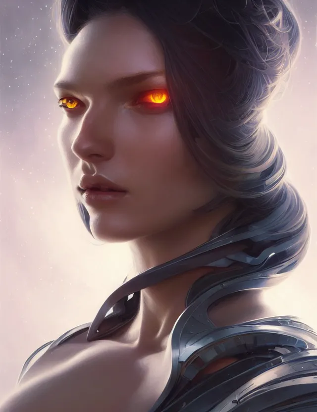 Image similar to futuristic woman portrait, sci-fi, amber eyes, face, long hair, fantasy, intricate, elegant, highly detailed, digital painting, artstation, concept art, smooth, sharp focus, illustration, art by artgerm and greg rutkowski and alphonse mucha