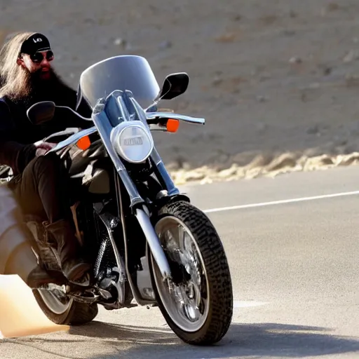 Image similar to elon musk wearing a long beard joining the mujahideen while riding a motorcycle, sharp focus, smooth, fine details