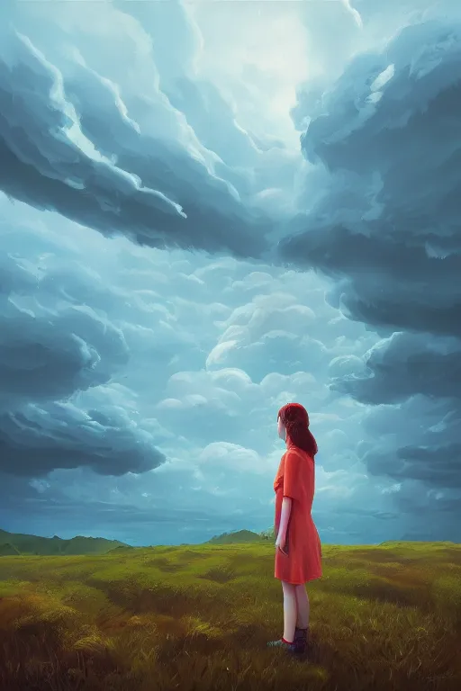 Image similar to perspective giant dahlia flower as head, girl standing on mountain, surreal photography, blue storm clouds, dramatic light, impressionist painting, digital painting, artstation, simon stalenhag