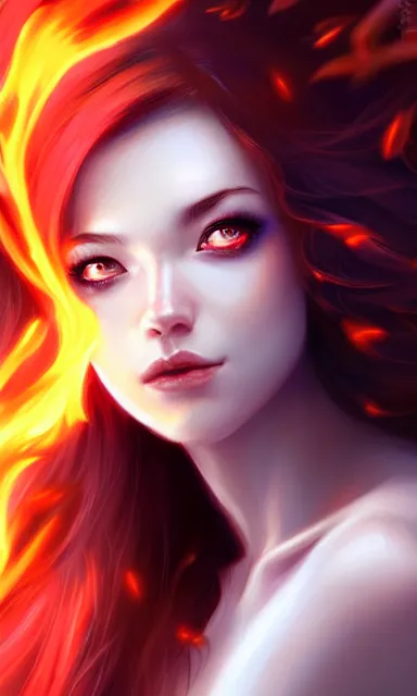 Image similar to god of fire, beautiful female, white skin, portrait, sharp focus, digital art, concept art, dynamic lighting, by emylie boivin and rossdraws