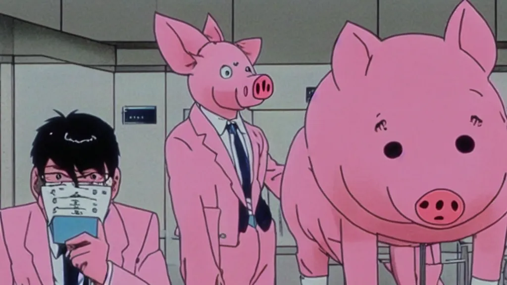Image similar to a man wearing a pink suit and a pink pig mask working at a stock exchange, anime film still from the an anime directed by Katsuhiro Otomo with art direction by Salvador Dalí, wide lens