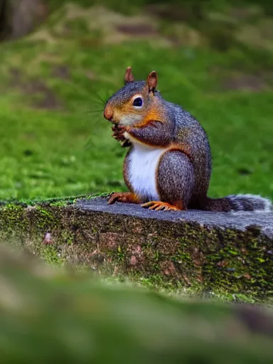 Image similar to a squirrel as king arthur, extremely plump, wearing crown of acorns and dandelions, servant squirrels, king arthur's court, game of thrones, sitting on throne, extreme wide shot, low angle, palace, fantasy art, cinematic lighting, realistic, sony 2 4 mm f 8. 0