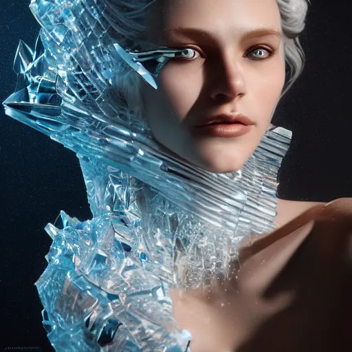 Image similar to a highly detailed digital image of a futuristic woman elegantly wrapped with ice shards, by Andrea Chiampo, artstation and Frederik Heyman, extremely detailed woman, stunning volumetric lighting, hyper realism, fantasy 4k