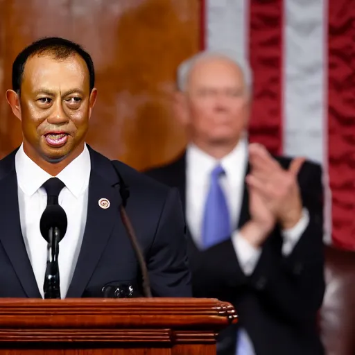 Image similar to tiger woods giving the state of the union address as president of the united states of america. ultra realistic. 4 k.