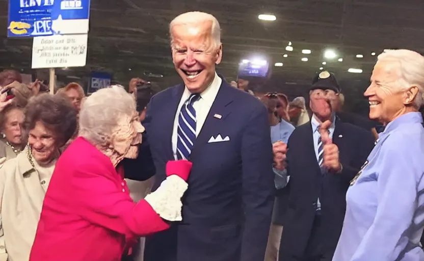 Image similar to low quality footage of joe biden slapping my grandma and running away, back camera, walmart parking lot, camera flash is so bright, uncomfortable, viral, leaked footage, viral on twitter, viral on instagram, viral photo