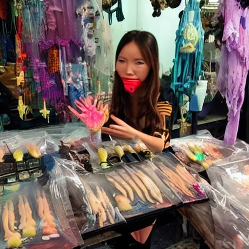 Prompt: beautiful girl selling alien artifacts in Chinese market