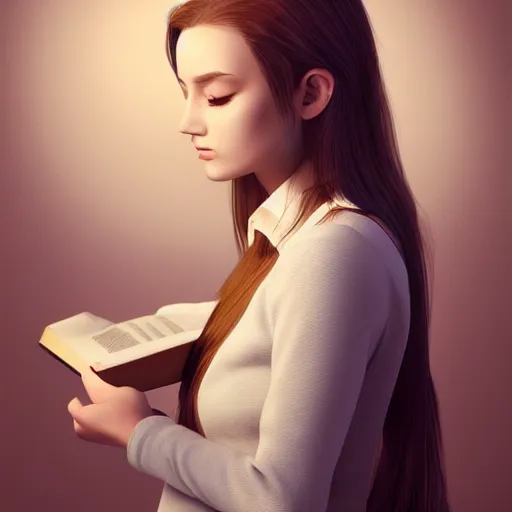 Image similar to a very smart!!! girl reading a book, hair flowing down, portrait photo, profile picture, hyperrealistic, concept art, day time, octane render, unreal engine 5, digital art, high quality, highly detailed, 8K, cute, defined face, elegant clothes, trending on DeviantArt