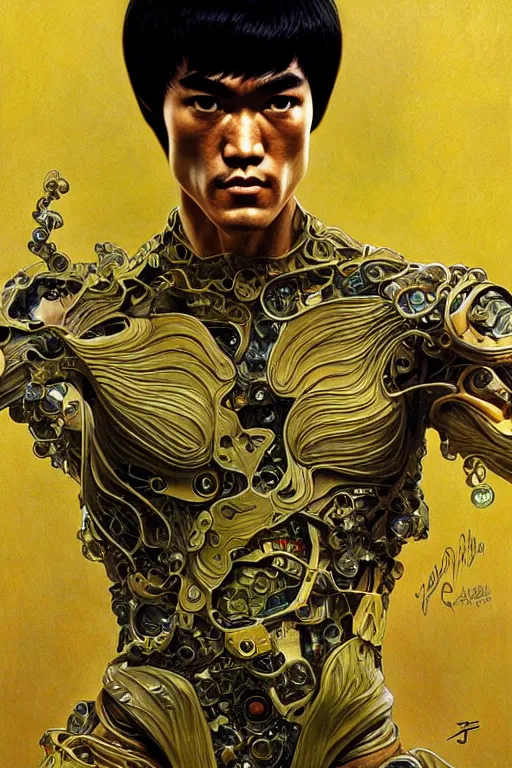 Image similar to bruce lee as a organic cyborg, diffuse lighting, fantasy, intricate, elegant, highly detailed, lifelike, photorealistic, digital painting, illustration, concept art, smooth, sharp focus, art by john collier and albert aublet and krenz cushart and artem demura and alphonse mucha