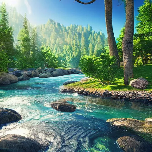 Image similar to paradise on earth with nice trees, rivers, mountains and sun, vray rendering 4 k, photorealistic, ultra - detailed, 4 k high resolution, hdr shot