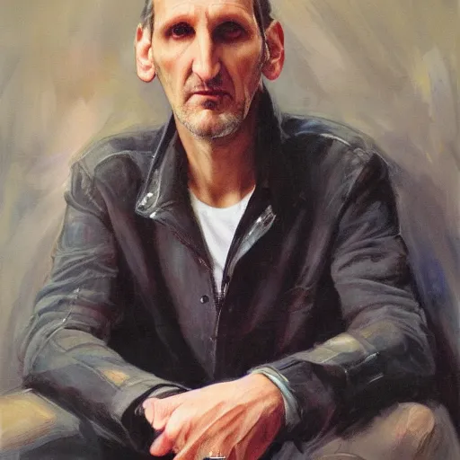 Image similar to a highly detailed beautiful portrait of christopher eccleston doctor who by gregory manchess, james gurney, james jean