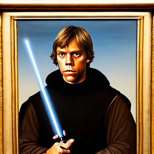 Prompt: a portrait painting of luke skywalker from star wars in a renaissance style hanging in the louvre