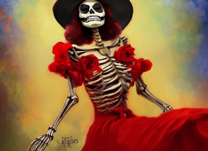 Prompt: cute & beautiful smiling mexican undead skeleton girl wearing a sombrero and a wide red dress, elegant, digital art, fantasy, pixar style, painting, pin up, highly detailed, artstation, art by artgerm, vrubel and boris vallejo