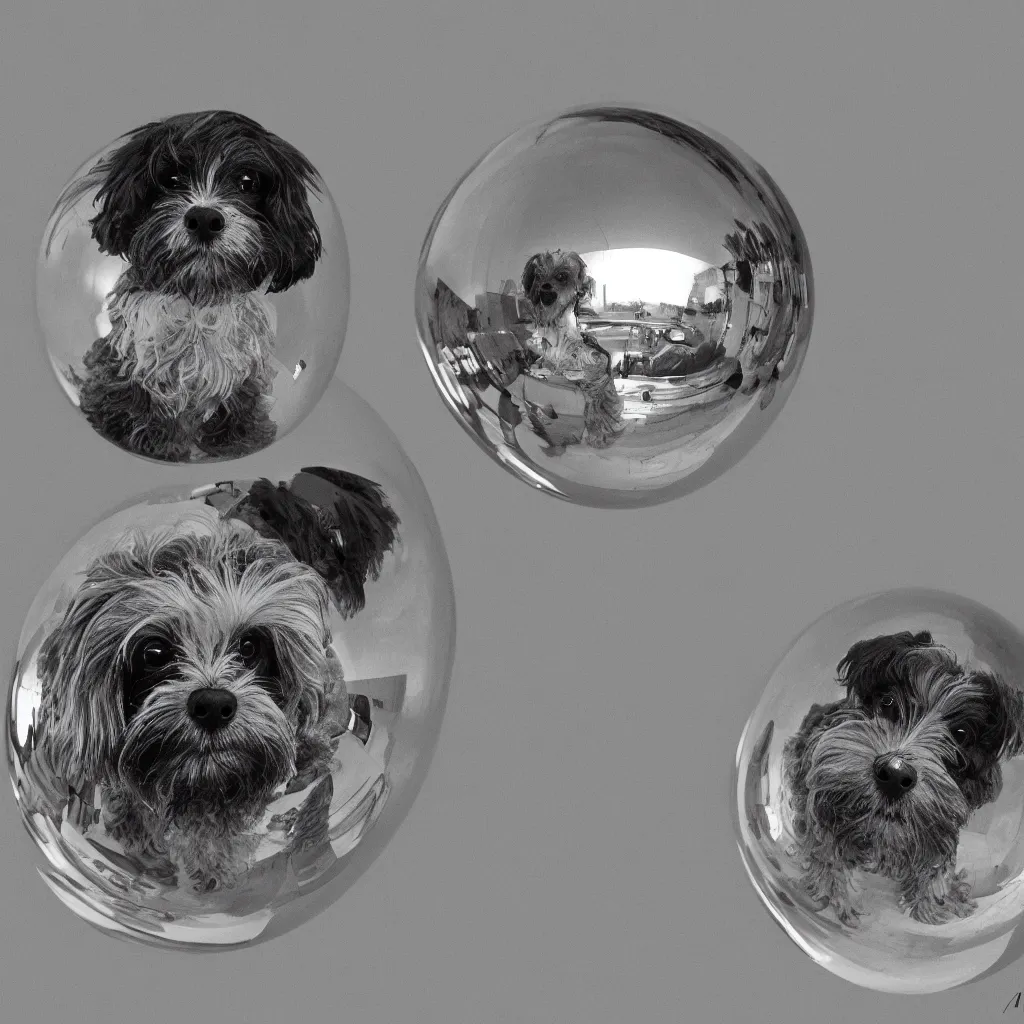 Image similar to image of a havanese dog reflected on the surface of a single chrome sphere, ultra wide 1 0 mm, by m c escher pen and paper