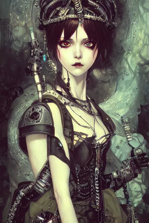 Image similar to portrait of beautiful young gothic maiden, cyberpunk, Warhammer, highly detailed, artstation, illustration, art by Gustav Klimt and Range Murata and Ilya Kuvshinov and Katsuya Terada