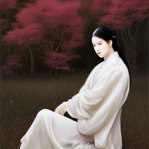 Image similar to a portrait of a young beautiful prince, golden eyes, long black hair, white hanfu, elegant, intricate, backlit, incredible lighting, strong rim light, subsurface scattering, photorealistic, epic beautiful landscape, cherry trees, highly detailed, digital painting, by Heise Jinyao, Heise-Lian Yan Fang, Feimo, Rossdraws, HDRI, vivid colors, high contrast, 8k