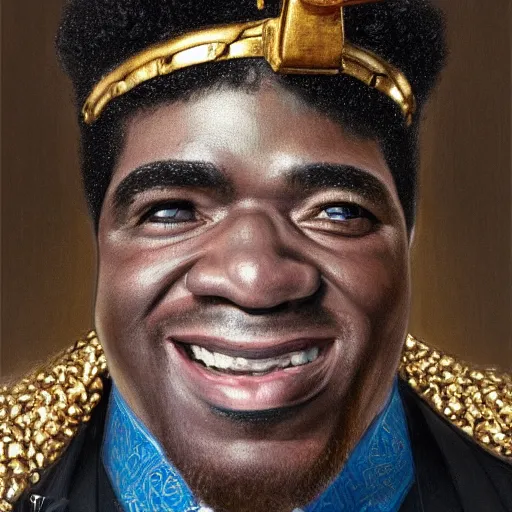 Image similar to highly detailed portrait of James Brown big wearing a gold crown and gold chains and holding a microphone, realistic portrait, symmetrical, highly detailed, digital painting, artstation, concept art, smooth, sharp focus, illustration, cinematic lighting, art by artgerm and greg rutkowski and alphonse mucha