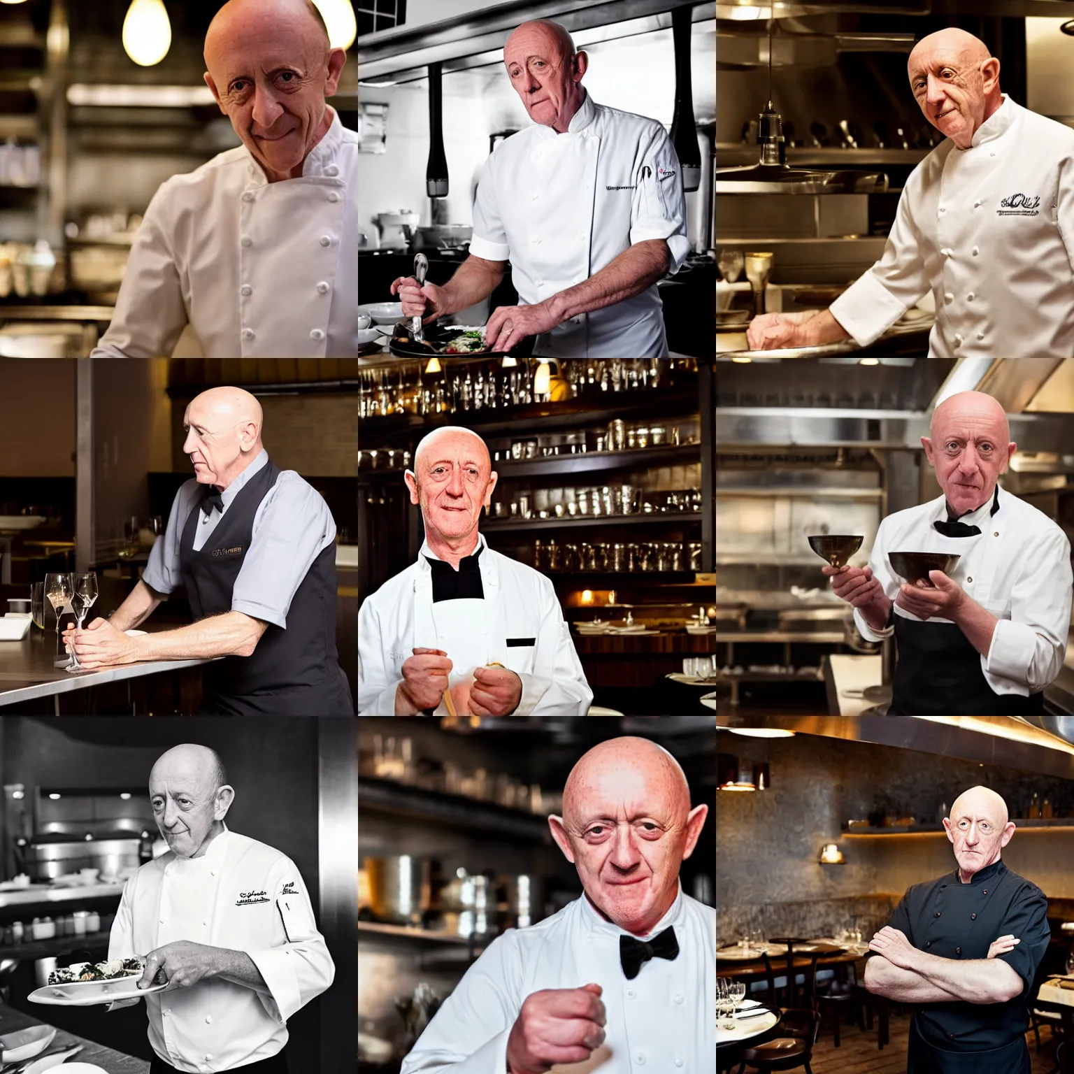 Prompt: jonathan banks working as a waiter in a michelin star restaurant, professional photography
