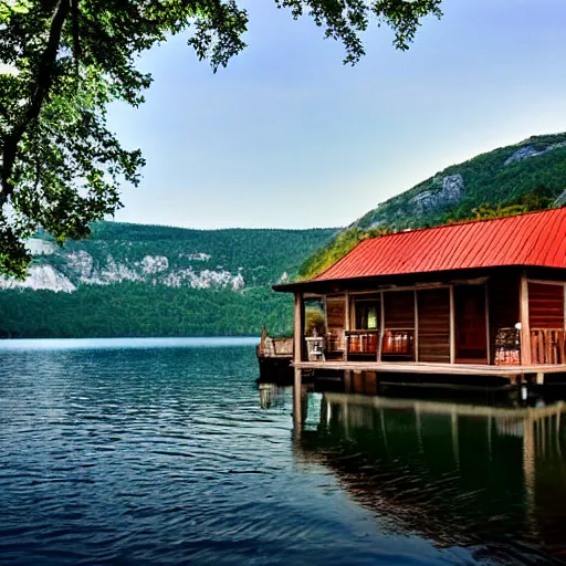 Image similar to lake cabin in croatia, hyper realistic, photograph, f 8. 0, 3 2 mm, kodak