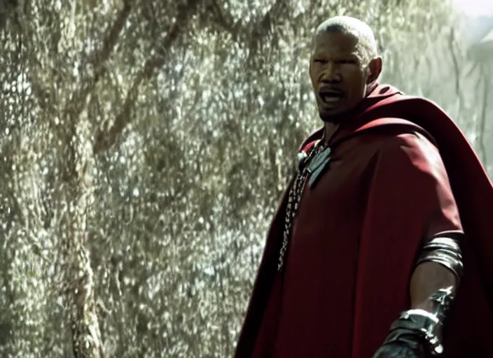 Image similar to film still of jamie foxx as spawn in the new spawn movie, giant chains, large cape, 8 k