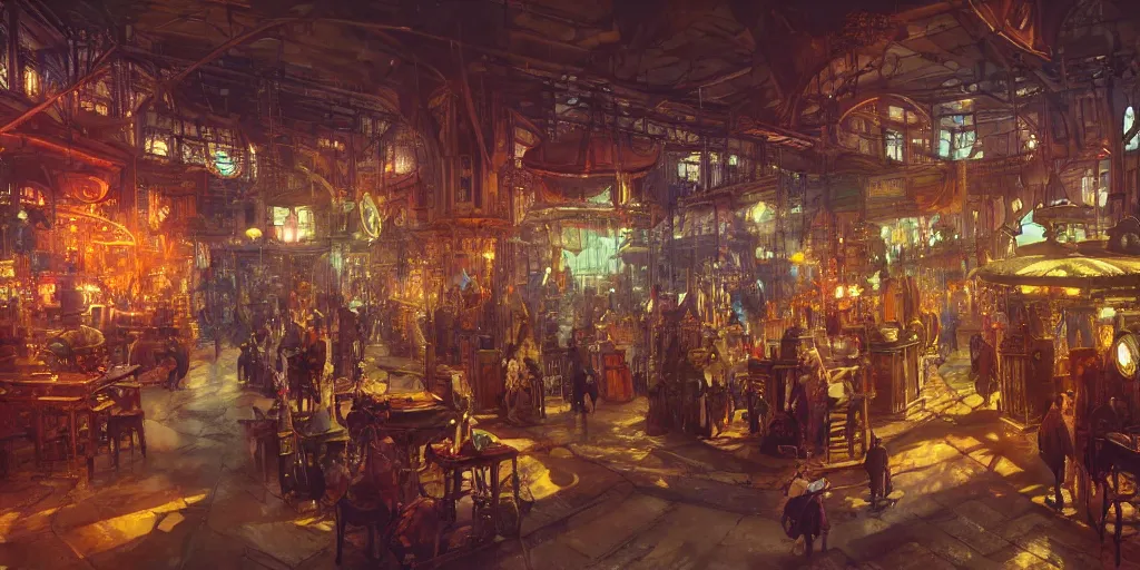 Prompt: steampunk market interior, colorful, 3 d scene, greg rutkowski, zabrocki, karlkka, jayison devadas, trending on artstation, 8 k, ultra wide angle, zenith view, pincushion lens effect