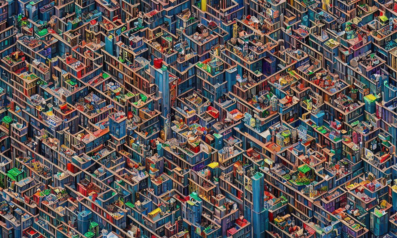 Image similar to I Spy books and toys, where's waldo cityscape by MC Escher, Maurits Cornelius Escher, unreal 5, hyperrealistic, octane render, cosplay, RPG portrait, dynamic lighting