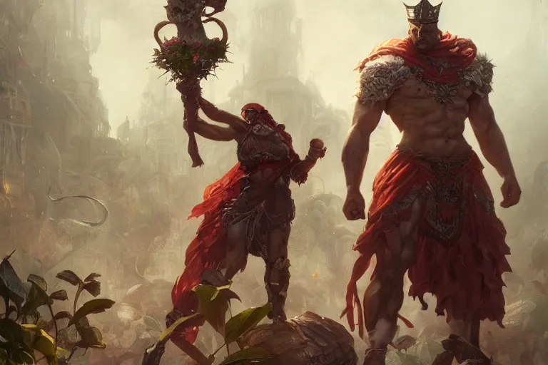 Image similar to a muscular tunisian man wearing plants fighting a cat wearing a crown and cape wielding a scepter, fantasy, digital painting, volumetric light, intricate, sharp, focus, bloom, illustration, highly detailed, concept art, matte, ruan jia, randy vargas, greg rutkowski