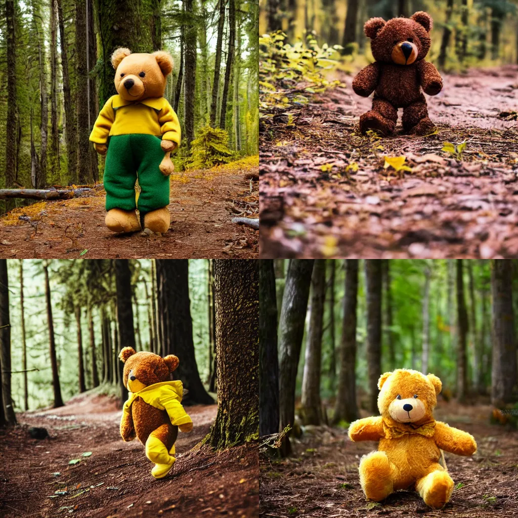 Prompt: a photo of a cute and happy brown teddy bear toy, with green pants and yellow jacket, toy clothes, enjoying a stroll in the forest, telephoto, 5d mk2
