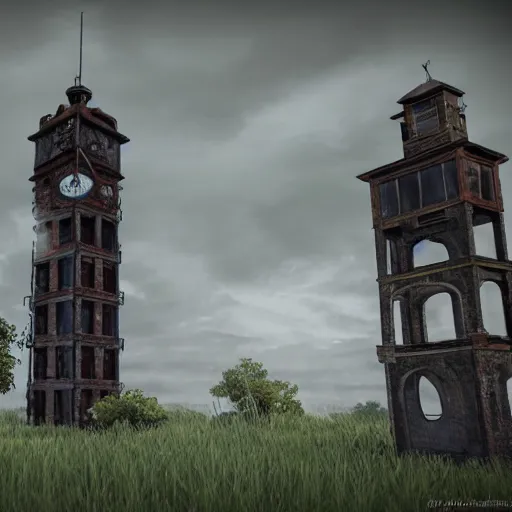 Prompt: An abandoned wacky clock tower based in the victorian period, the clouds are darky with gloomy lighting in unreal engine